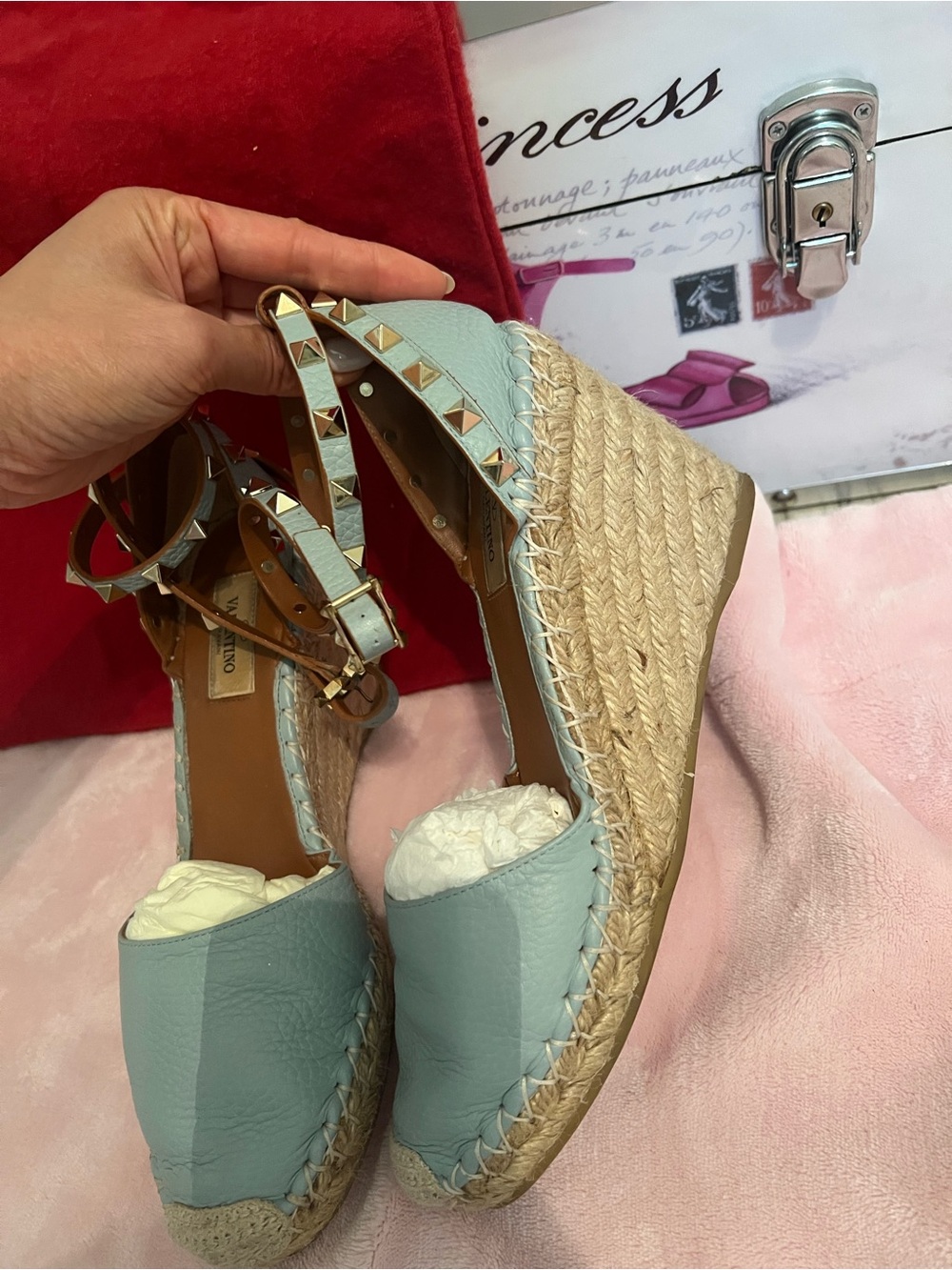 Valentino Light Blue Leather Rockstud Espadrille Wedge Sandals - Picture 3 of 5